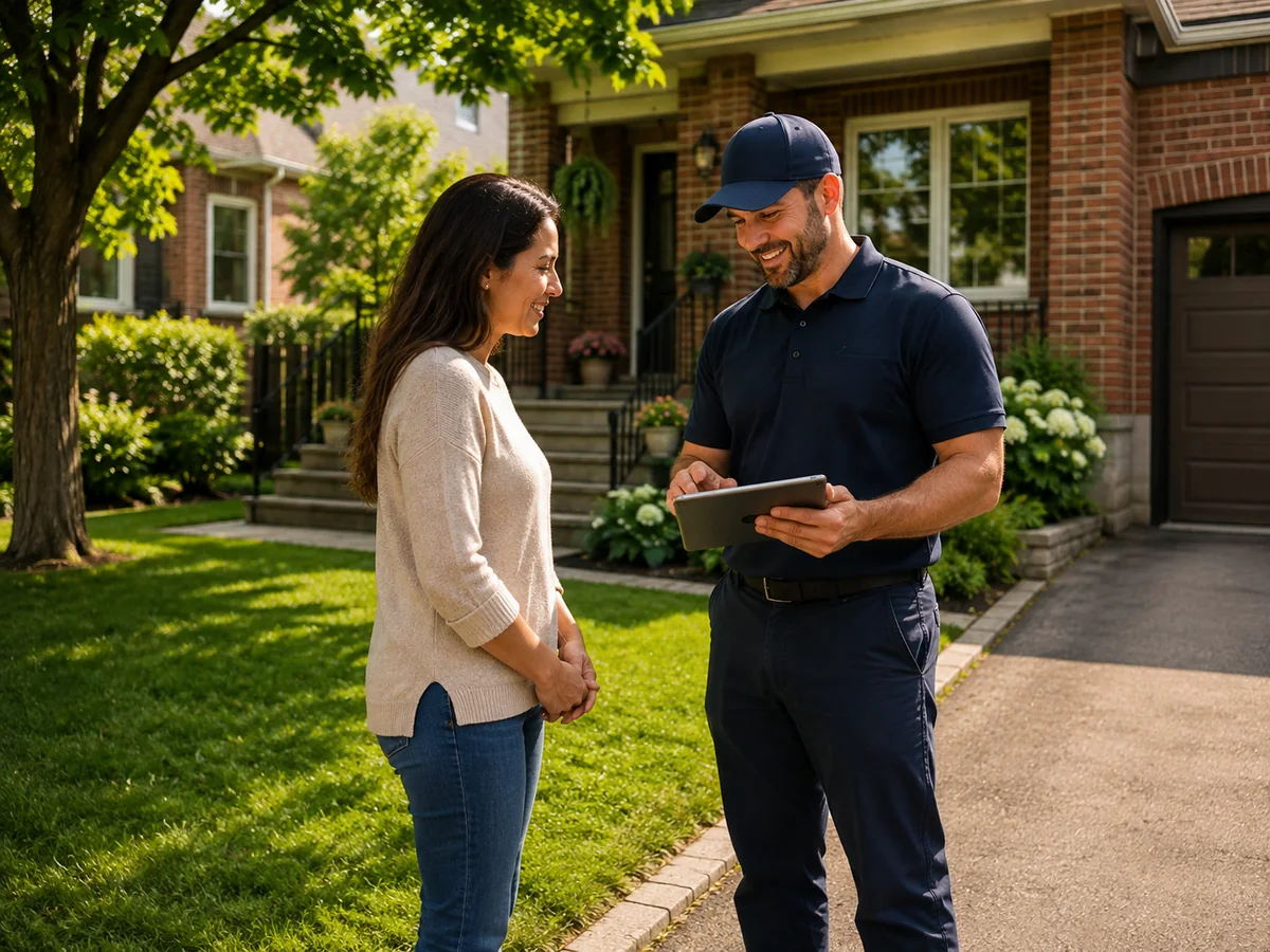 A homeowner reviewing property-care details